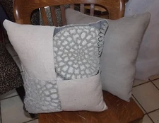 Pair of Beige Gray Abstract Flower Print Throw Pillows  16 x 16