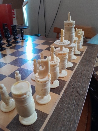 Large Antique Barleycorn Stained Black and Natural, Chess Set- AS IS, --- 448TRL - Picture 5 of 23