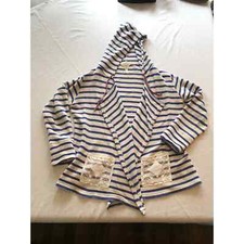 Matilda Jane Midway Blue Striped Open Front Hooded Cardigan Lace Womens Sz M