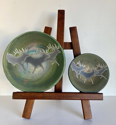 Jeremy Diller Raku Pottery Plates Elk Reindeer Oil Slick 8,'' 5 3/8'' Cabin Lodge