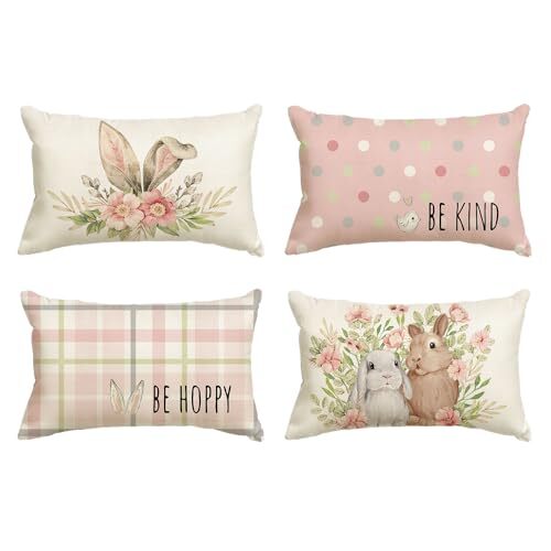Easter Rabbit Flower Buffalo Plaid Be Hoppy Throw Pillow Cover, 12