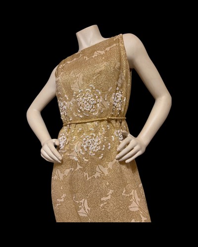 1950s Vtg Neiman Marcus Gold Silk Metallic Evening Dress White Sequins BOMBSHELL - Picture 9 of 23