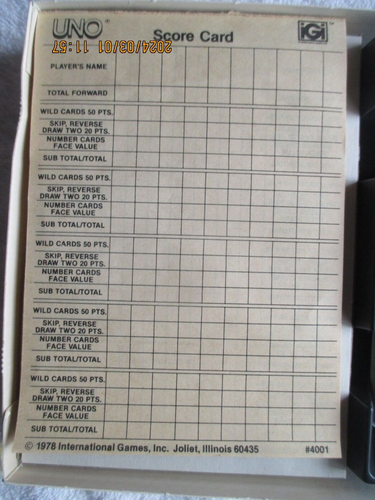 1978 UNO Card Game Edizione Deluxe #3001 Vassoio Score Pad Istruzioni Internazionale - Foto 3 di 8
