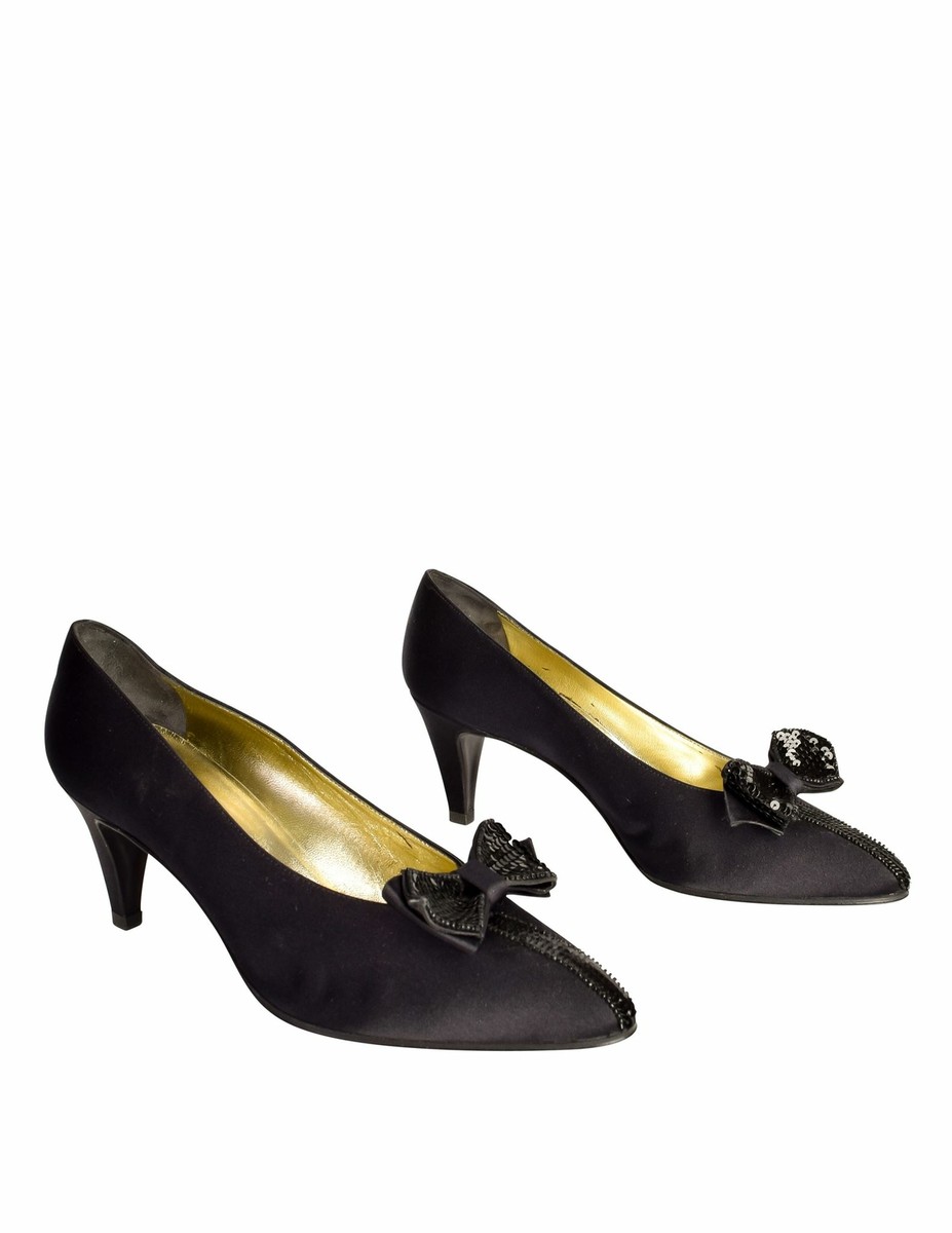 Chanel Vintage 1980s Black Satin Sequin Bow Pump Heels | eBay