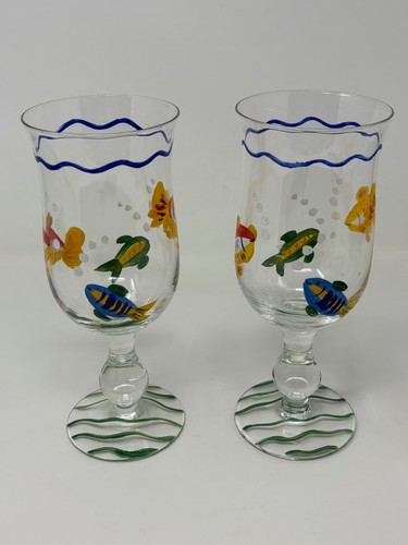 2 Hand Painted Goldfish Wine Cocktail Hurricane Goblets Glasses 8" - Picture 2 of 4