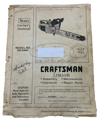 #ad #ad Sears Craftsman 2.3 Iso Vib Owners Manual For Model 358.358861 $16.50