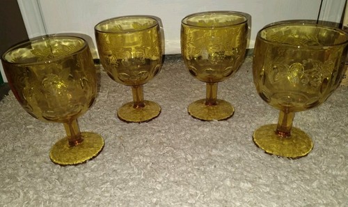 Vintage Amber Gold Bartlett Collins Grape Pattern Thumbprints Large Goblet Set 4