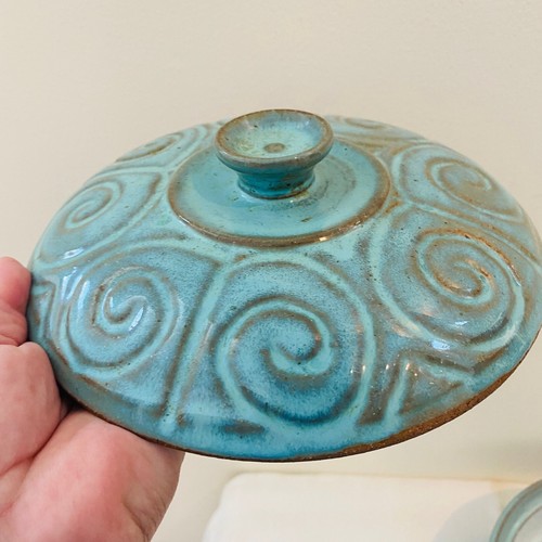 RARE MCM Robert L. Morgan Studio Pottery Turquoise Serving Dish with Lid - Picture 2 of 8