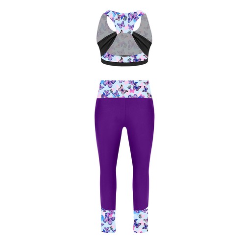 Kids Girls Outfit Printed Suit Fitness Set Tights Sweatsuit Vest Athletic Gym - Picture 41 of 45