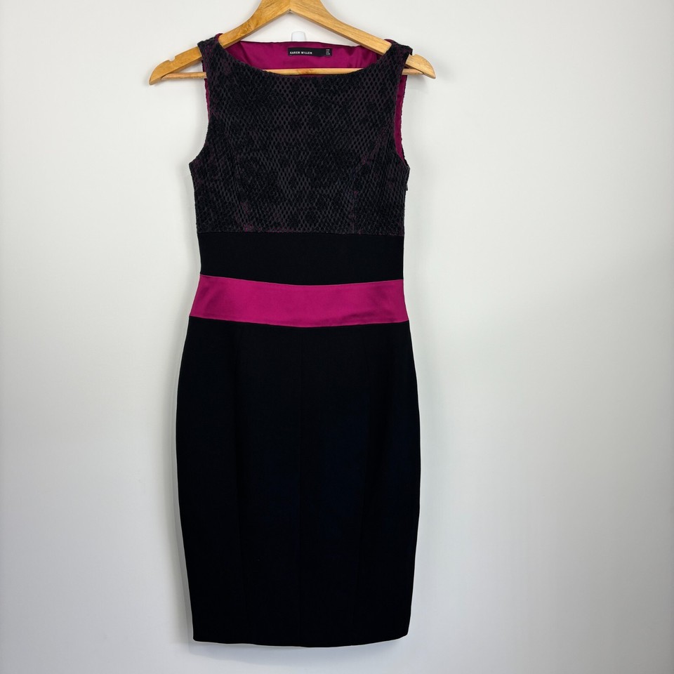 Karen Millen Sleeveless Crochet Sheath Dress Black Pink Bodycon US 6, UK 10