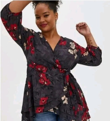 Torrid Top Or Mini Dress 1X Womens True Wrap Gray Red Floral LS high low # C4