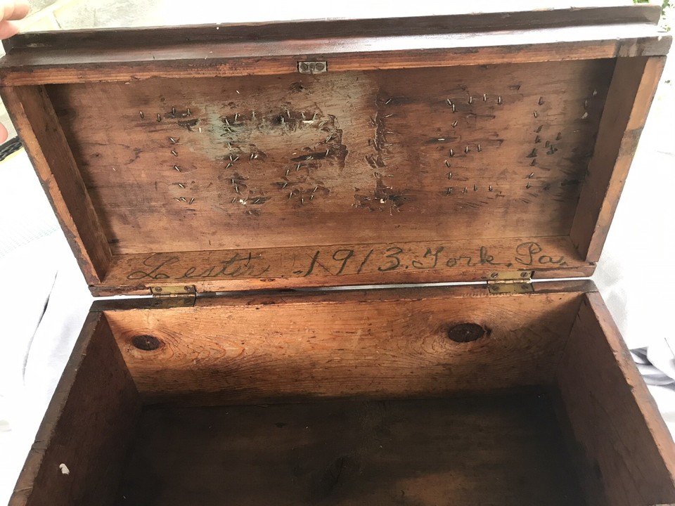 Antique Primitive Wood Box W Metal Handles York, Pa 1913 "Lester