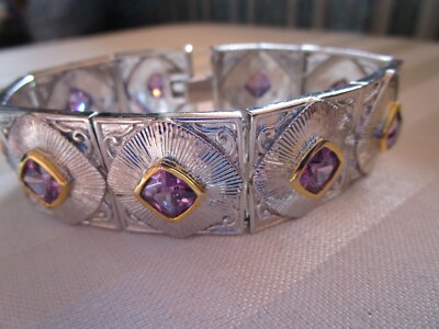 VINTAGE LENOR SILVER TONE 7'' BRACELET WITH PURPLE CRYSTALS