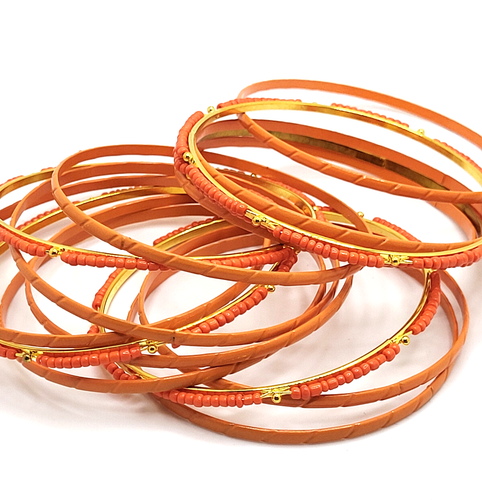 15 Orange Enamel Gold Tone & Seed bead Bangle Bracelets 8" x 1/8" - Picture 9 of 10
