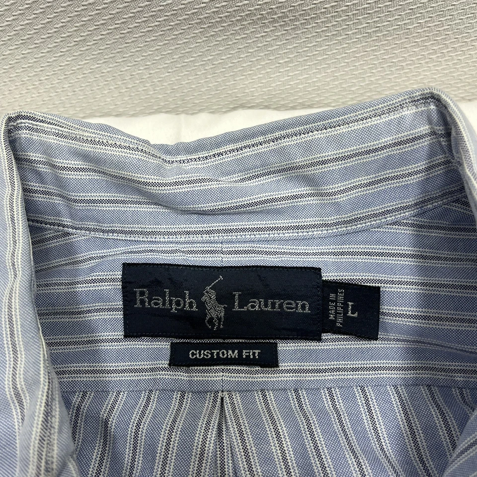 Ralph Lauren 衬衫男式 L 蓝色条纹肉小马休闲纽扣长袖 — 第 3/4 张图片