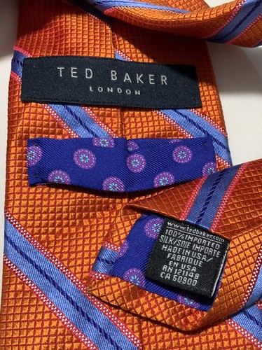 TED BAKER Orange Striped Silk Tie USA 60"/ 3" EC - Picture 3 of 3