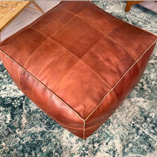 Leather Pouffe Footstool Ottoman Genuine Pouf Handmade New Brown Square Boho 30" - Picture 3 of 6