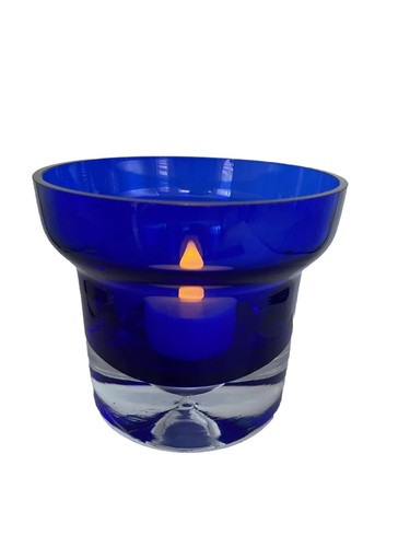Block Stockholm Votive Candle Holder Cobalt Blue Crystal Art Glass Bubble Base