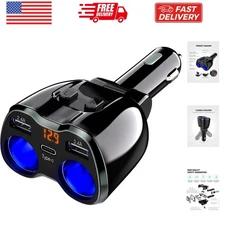 USB C Car Charger, 2 Sockets Cigarette Lighter Splitter 12/24V 80W Dual USB T...