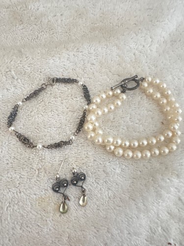 Vtg STERLING Silver VICTORIAN FEM EARRINGS GENUINE pearl Bracelets LOT - Picture 3 of 5