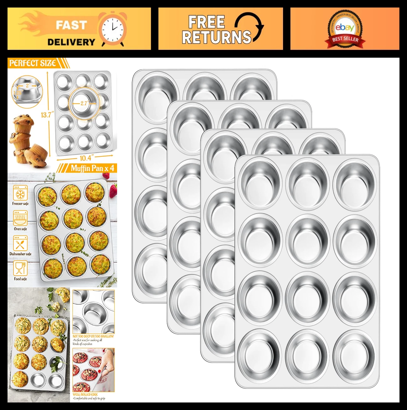 12-Cup Muffin Pan Set of 4 - Stainless Steel Non-Toxic Baking Tins, Heavy Duty,
Opens in a new windo