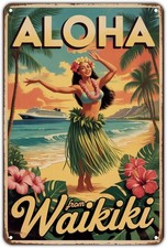 Aloha Hula Girl Vintage Waikiki Beach Tin Metal Signs Home D cor 8x12