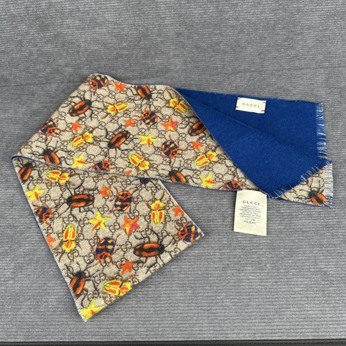 GUCCI Damen GG Wolle Seide Schal Beatles Print GG Logo Made in Italy Braun - Bild 1 von 7