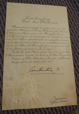 CONSTANTINE 1st KING OF THE HELLENES: 1922 APPOINTMENT with seal and signature