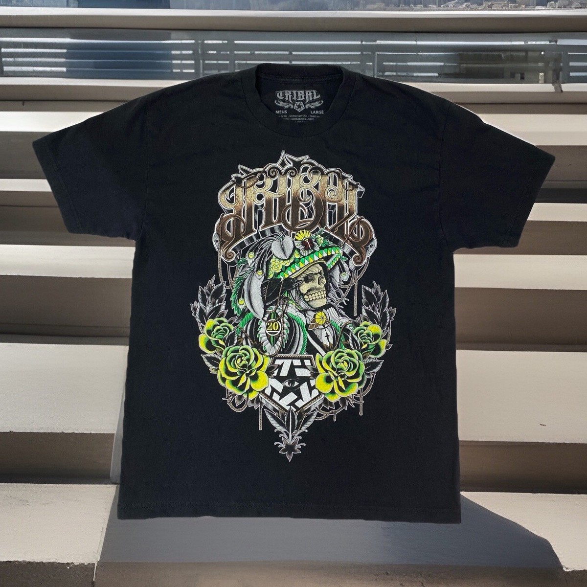 Tribal Gear 20th Tee M LG Skull Roses Headdress Crow Eye
