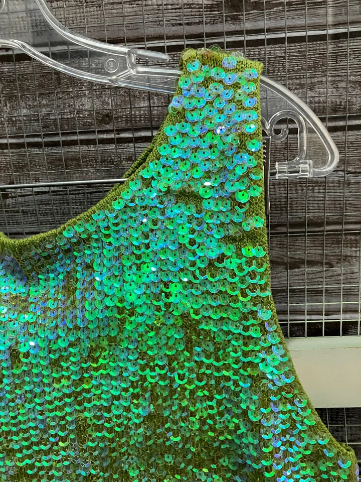 INC Iridescent Green All Over Sequin Silk Sweater Tank L Going Out Top 90s Party - Image 2 of 4