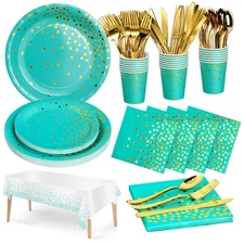 141 Pieces Blue Green and gold Party Supplies Party Dinnerware Sets Include P...