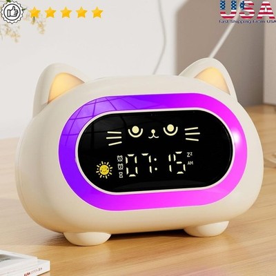 Kids Cat Alarm Clock Sleep Trainer W/ Night Light Soothing Sounds Child Lock New