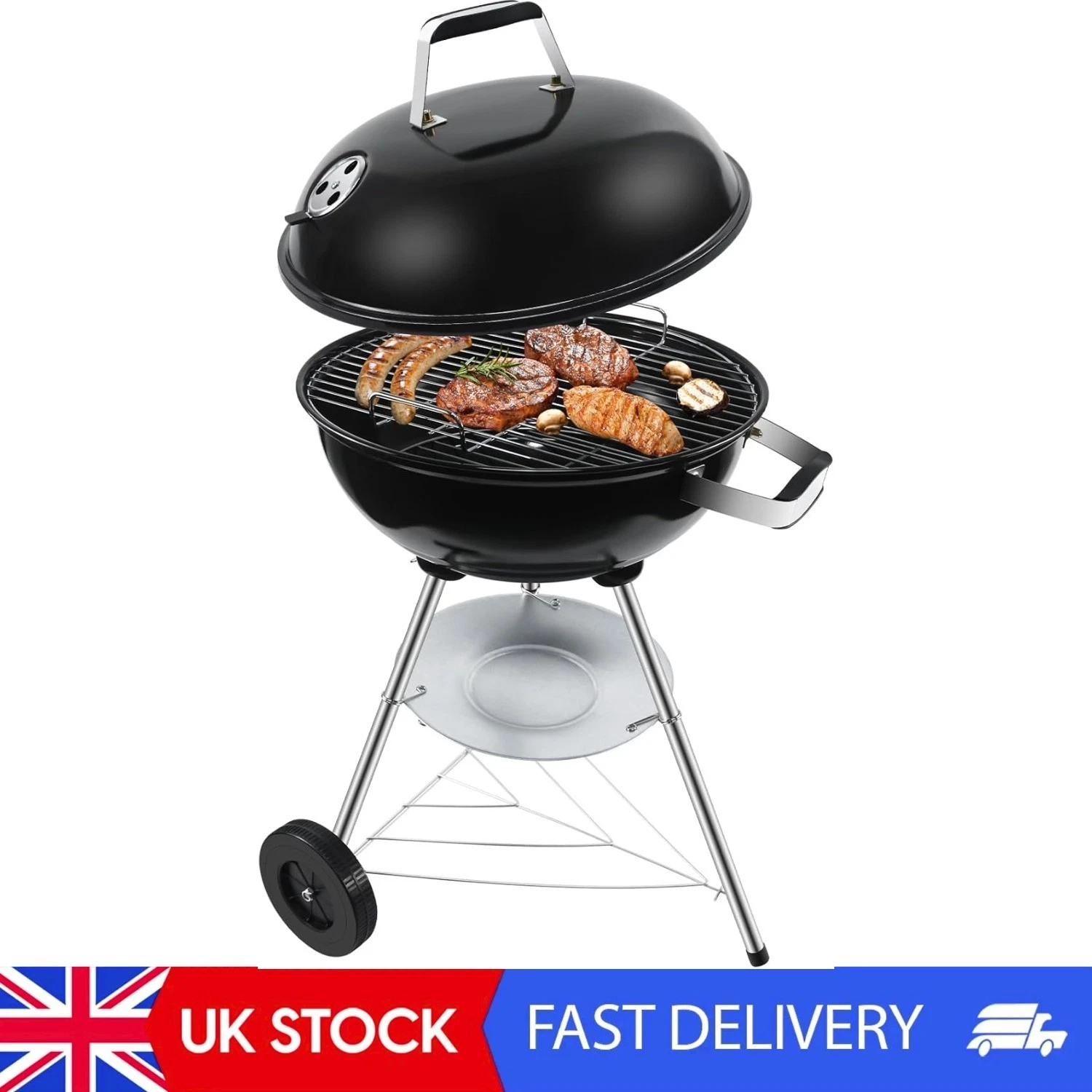 Charcoal BBQ Grill, Outdoor Barbecue Portable Kettle Coal With Wheels, 41cm
