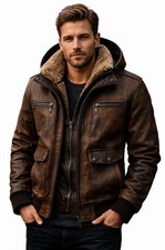 Chaqueta de bombardero de cuero envejecido para hombre Abrigo de invierno vintage de piel de oveja con capucha