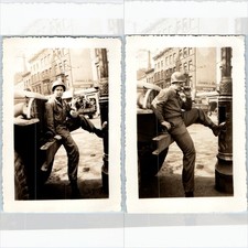 x2 LOT c1944 WWII US Army Soldier GI Cigar Jeep Truck Snapshot Photos Paris 4"