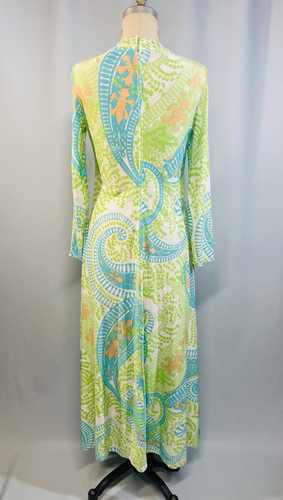 Vintage Dress SIZE LARGE blue lime green RONA 60s 70s maxi psychedelic - Picture 7 of 14