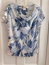 C&C CALIFORNIA Top L 100% Linen Slub Jersey Hibiscus Tropical Cap Sleeve Blue