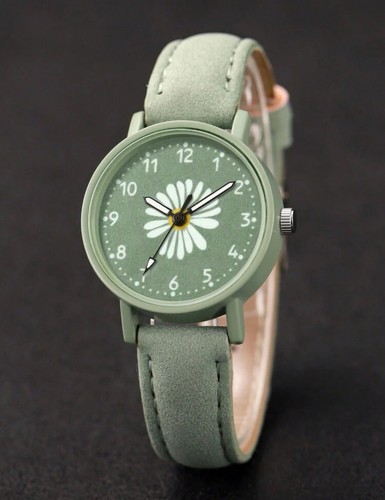 2pc Fashion Watch Set Green Daisy Flower Quartz Soft PU Leather Strap Bracelet - Picture 3 of 5