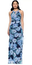 Betsy  Adam Women  s Size 12 Blue Floral Mesh Gown NWT Zip Back Halter Neck