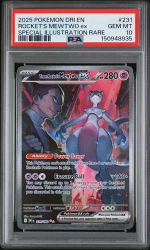 2025 POKEMON DESTINED RIVALS SPECIAL ILLUSTRATION TEAM ROCKET'S MEWTWO EX PSA 10