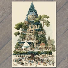 Art Print Giant Christmas Tree Village Festive Winter Market Holiday Wonderland
