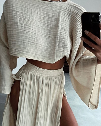 Women's Summer 2 Piece Casual Linen Outfit Long Sleeve Crop Top Maxi Skirt Set - Picture 11 of 23