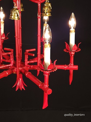 Antique Faux Bamboo Pagoda Hollywood Regency 6 Light Chandelier With Brass Bells - Picture 4 of 24