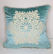 velvet accent throw pillow with snowflake lace trim white blue