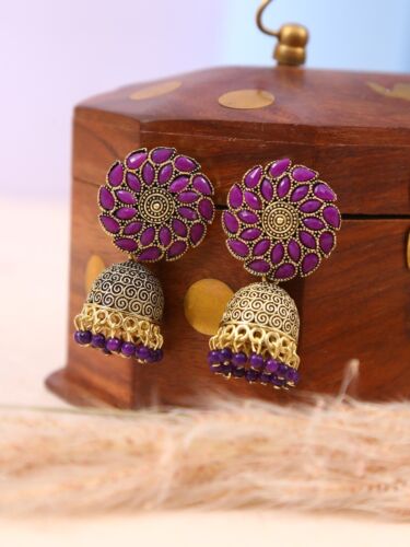 Indian Bollywood Earrings Traditional Wedding Gold Meenakari Pearl Jhumka - Picture 18 of 19