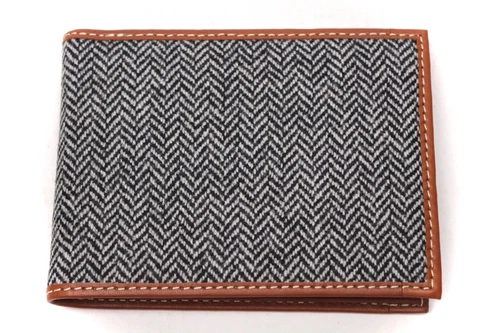 Mens Handmade Bifold Wallet Italian Leather Tweed Gray Herringbone Gift for Him