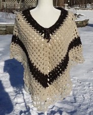 Mexican Wool Shoulder Poncho de Lana Chiapas Cream Brown Crochet 599