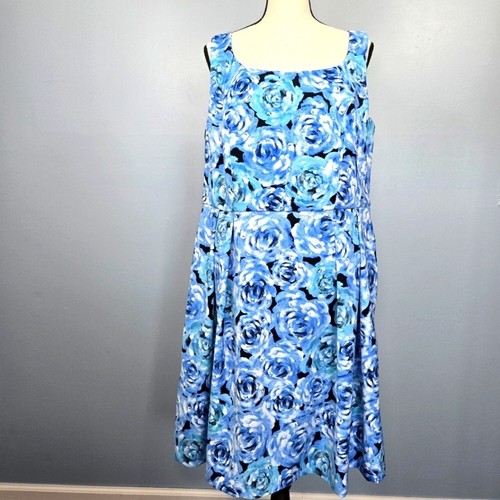 Midikleid mit Blumenmuster Luxe by Carmen Marc Valvo Damen Größe 16 W blau weiß Taschen