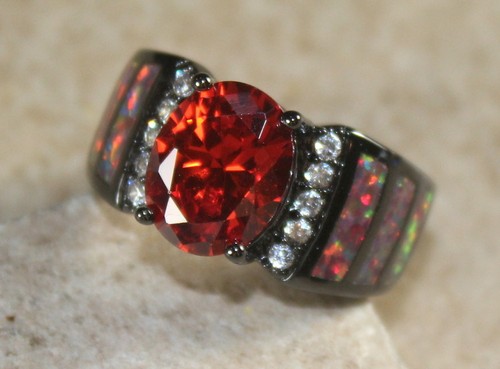 BLACK SILVER Elegant Orange Fire Opal & Orange Garnet Oval Ring Size 6, WR41803 - Picture 3 of 3
