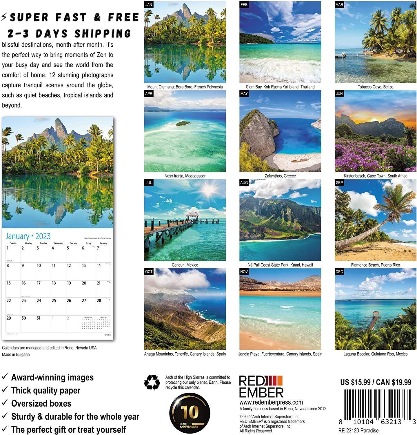 RED EMBER Paradise 2023 Hangable Monthly Wall Calendar | 12" x 24" Open |…  – ASA College: Florida